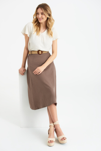 Brązowa spódnica z dodatkiem lnu, midi
