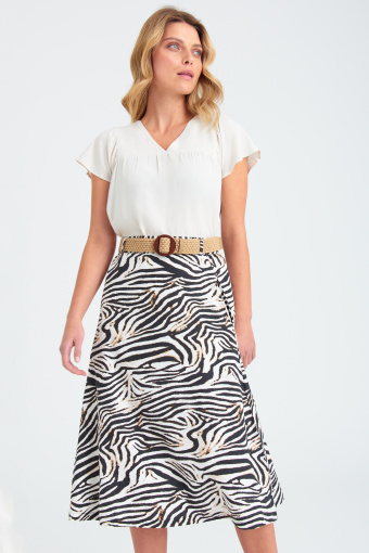 Lniana spódnica z nadrukiem w zebrę, midi