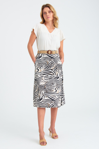 Lniana spódnica z nadrukiem w zebrę, midi