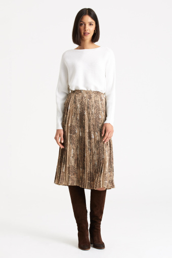 Plisowana spódnica z nadrukiem imitującym skórę węża, beżowa