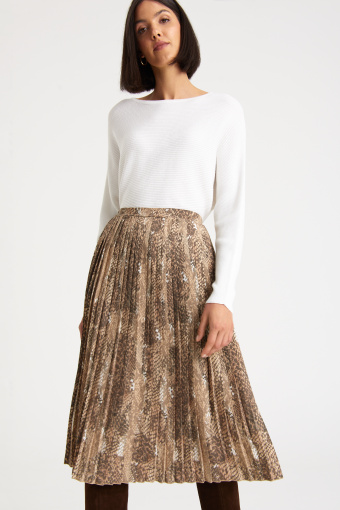Plisowana spódnica z nadrukiem imitującym skórę węża, beżowa