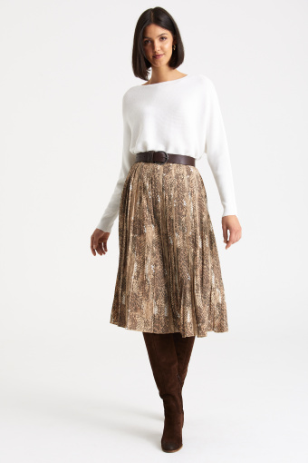 Plisowana spódnica z nadrukiem imitującym skórę węża, beżowa