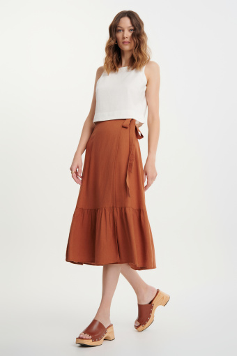 Brązowa spódnica midi z falbaną