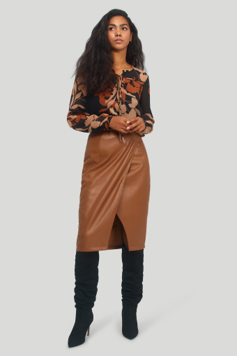 Zakładana spódnica z ekologicznej skóry, brązowa