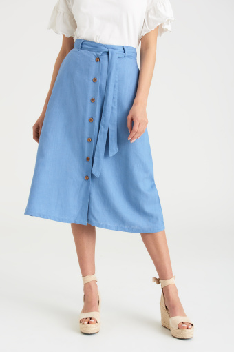 Niebieska spódnica z dodatkiem lnu i ozdobnymi guzikami