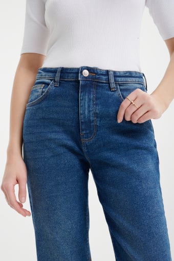 Granatowe jeansy straight leg z rozcięciami