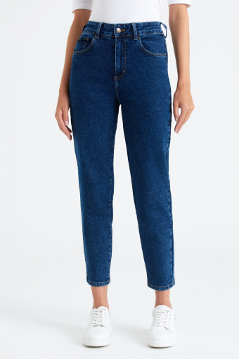 Jeansy mom fit z wysokim stanem, ciemny granat