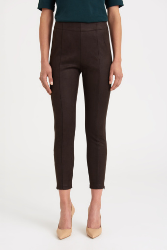 Stylowe legginsy z ozdobnymi zamkami, ciemny brąz