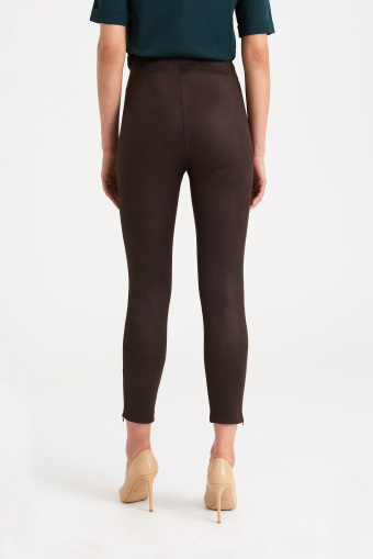 Stylowe legginsy z ozdobnymi zamkami, ciemny brąz