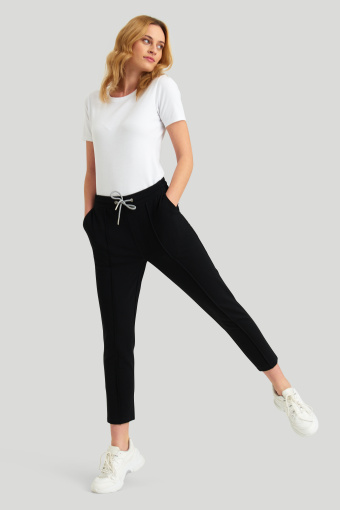 Bawełniane, dzianinowe spodnie z troczkami, czarne Bawełniane, dzianinowe spodnie z troczkami, czarne