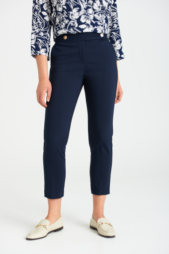 Eleganckie spodnie z ozdobnymi guzikami, granatowe