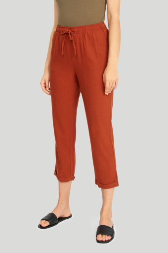 Lniane spodnie z troczkiem