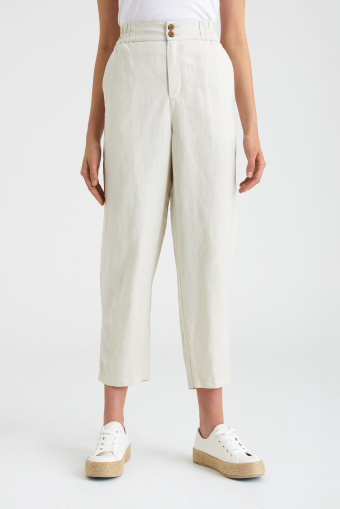 Eleganckie, lniane spodnie w piaskowym kolorze