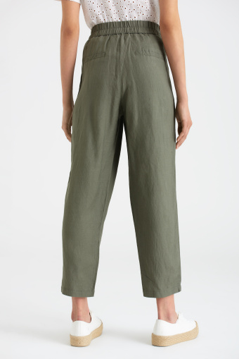 Luźne, oliwkowe spodnie z domieszką lnu