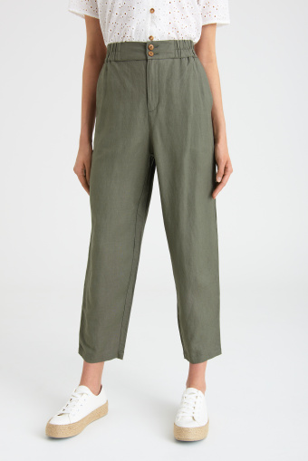 Luźne, oliwkowe spodnie z domieszką lnu
