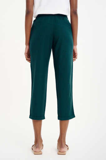 Ciemnozielone, lniane spodnie 7/8