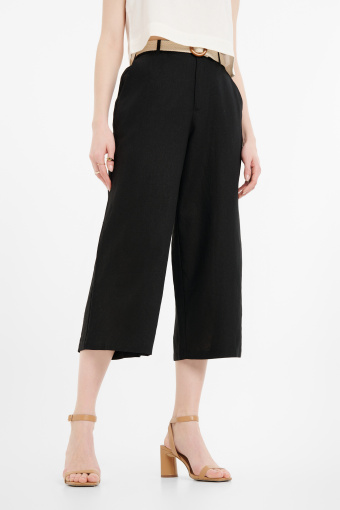 Lniane czarne kuloty z paskiem