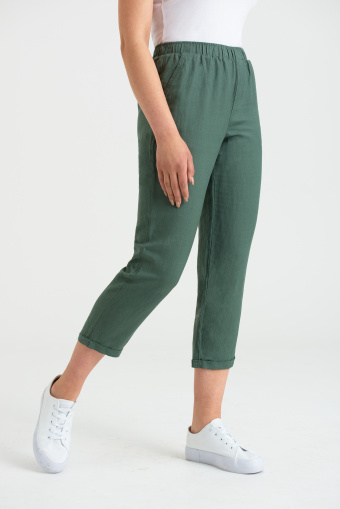 Lniane spodnie z gumką w pasie, kolor khaki