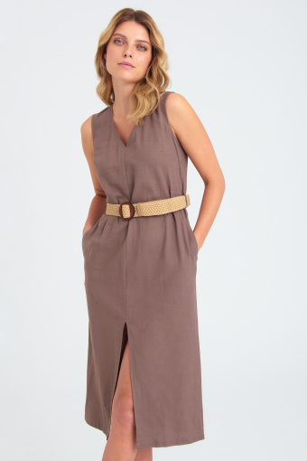 Stylowa sukienka z dodatkiem lnu, brązowa