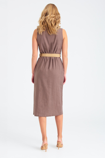 Stylowa sukienka z dodatkiem lnu, brązowa