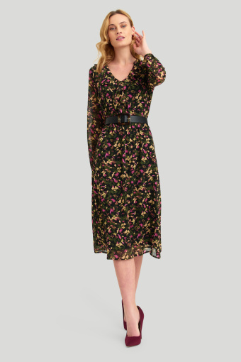 Elegancka sukienka z dekoltem V, nadruk w kwiaty