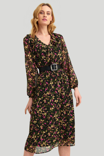 Elegancka sukienka z dekoltem V, nadruk w kwiaty