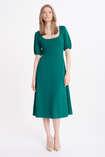 Sukienka midi z dekoltem karo, ciemnozielona