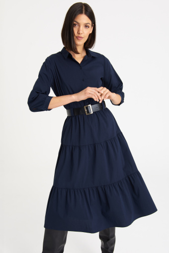 Granatowa sukienka midi z paskiem w talii Granatowa sukienka midi z paskiem w talii