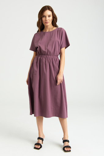 Bawełniana sukienka z szeroką gumką w pasie, brudny róż