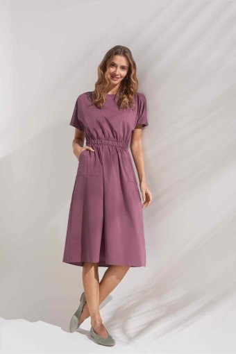 Bawełniana sukienka z szeroką gumką w pasie, brudny róż