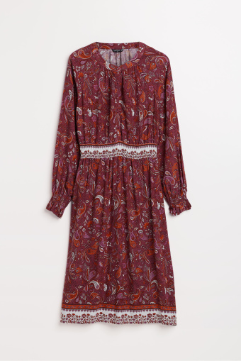 Sukienka w różowym odcieniu sukienka z gumką w talii, nadruk paisley