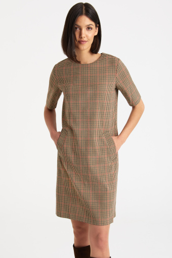 Prosta sukienka w kratkę, beżowa Prosta sukienka w kratkę, beżowa