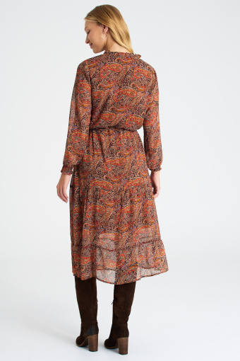 Długa sukienka w stylu boho, pomarańczowy nadruk typu paisley