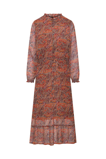 Długa sukienka w stylu boho, pomarańczowy nadruk typu paisley