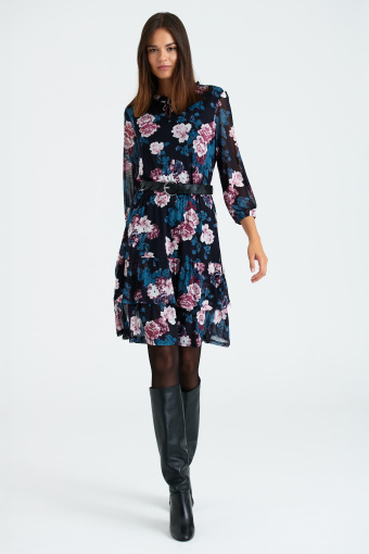 Krótka, czarna sukienka z falbanami, nadruk w kwiaty