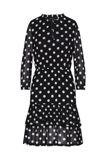 Krótka, czarna sukienka z falbanami, nadruk w kropki