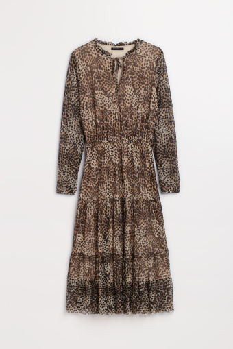 Beżowa sukienka midi ze zwierzęcym nadrukiem