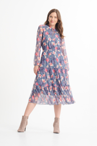 Stylowa sukienka z riuszką i wiązaniem, kwiatowy nadruk