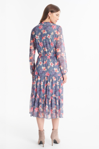 Stylowa sukienka z riuszką i wiązaniem, kwiatowy nadruk