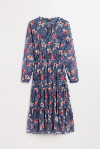Stylowa sukienka z riuszką i wiązaniem, kwiatowy nadruk