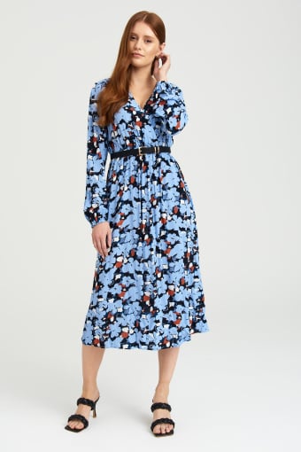 Wiskozowa sukienka midi z nadrukiem w błękitne kwiaty