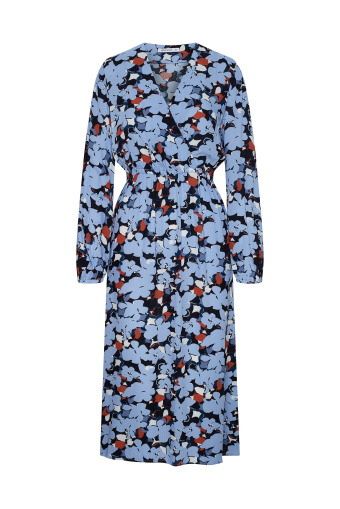 Wiskozowa sukienka midi z nadrukiem w błękitne kwiaty Wiskozowa sukienka midi z nadrukiem w błękitne kwiaty