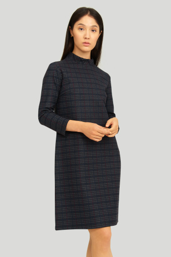 Wiskozowa sukienka ze stójką, nadruk w kratę