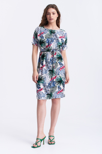 Kolorowa sukienka w tropikalny nadruk