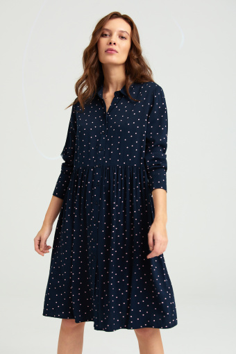 Wiskozowa, granatowa sukienka w groszki