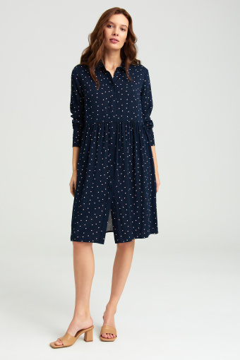Wiskozowa, granatowa sukienka w groszki
