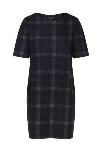 Dzianinowa sukienka przed kolano, nadruk w kratę