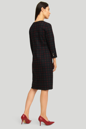 Klasyczna sukienka typu etui, nadruk w kratę