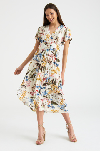 Wiskozowa sukienka midi z nadrukiem w kwiaty, dekolt V