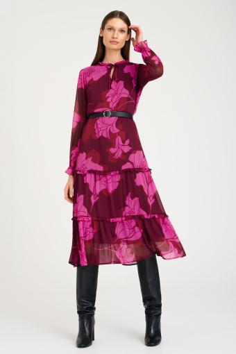 Stylowa sukienka z falbanami, nadruk w różowe kwiaty